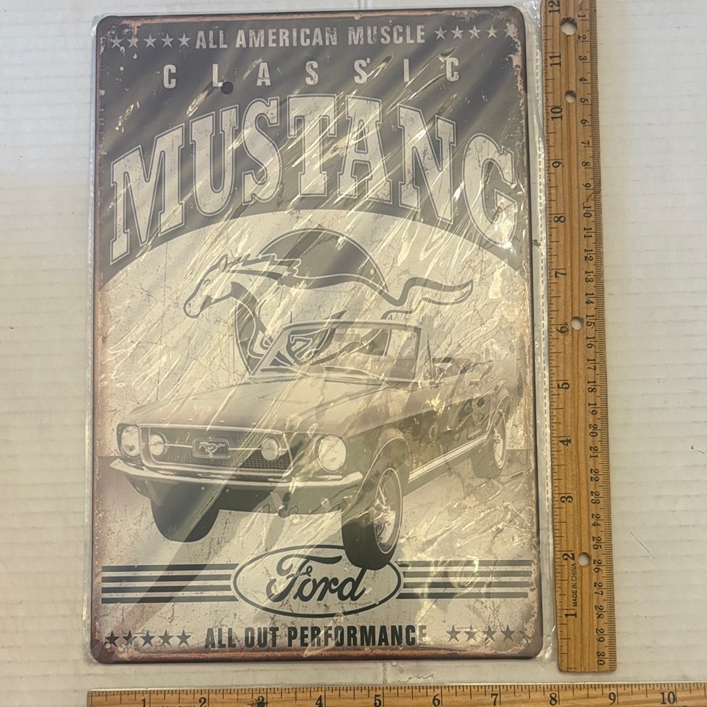 Ford Classic Mustang Metal Sign - Black & Cream Retro Graphic